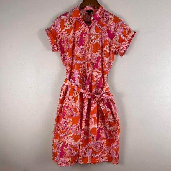 Talbots Shirt Dress Women 2 Petite Orange Paisley Belted Pockets Preppy Casual - Picture 1 of 12